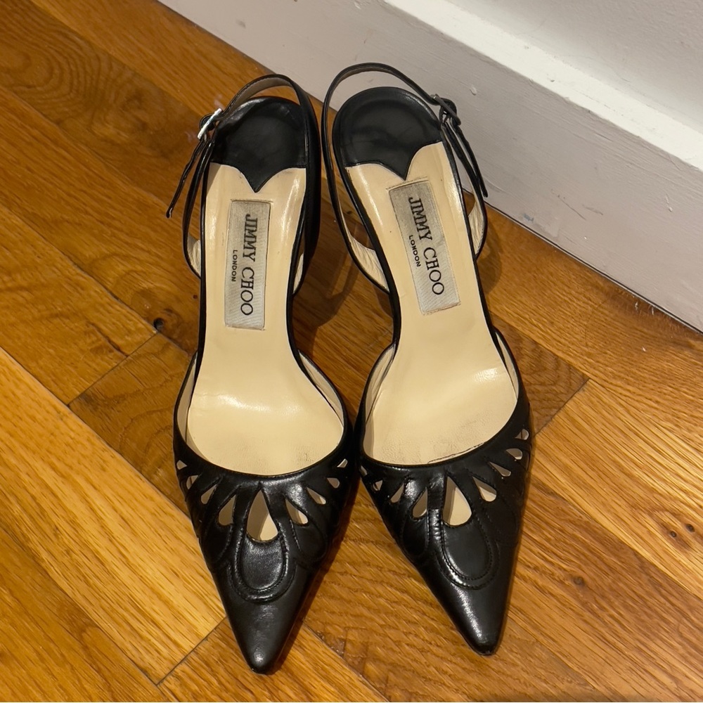 SOLD Jimmy Choo Vintage Slingback Cut-Out Black Leather Heels